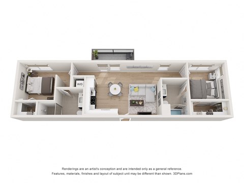 a stylized floor plan of a 1 bedroom apartment